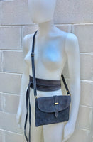 Suede leather bag in DARK GRAY. Crossbody bag in GENUINE leather.Gray small leather bag with obi suede belt Bag and belt set