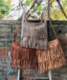 Cross body fringe bag. BOHO suede leather bag in turquoise with FRINGES. Larger model. genuine suede crossbody hippy bag. Blue fringed bag