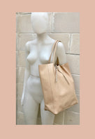 TOTE leather bag in LIGHT peach beige. Soft GENUINE  leather bag. Large beige leather bag. Laptop, tablet bag, leather bag for books.