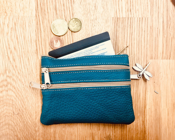 Small purse in DARK TEAL blue, genuine leather, 4 zippers. Fits credit –  Handmade suede bags by Good Times Barcelona