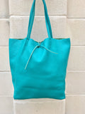 Tote bag in turquoise BLUE. Genuine leather bag. Laptop bag, office bag to carry your tablet or books. Grain leather tote bag.