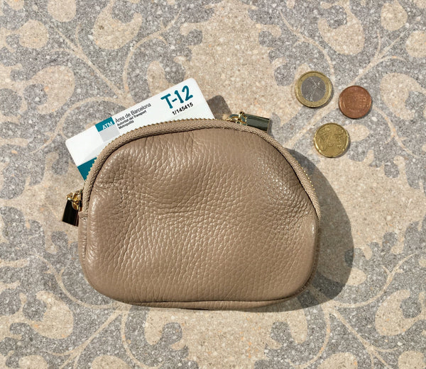 BEIGE leather coin purse. Genuine leather zipper wallet in dark beige. –  Handmade suede bags by Good Times Barcelona