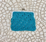 Crochet coin purse. TEAL BLUE - GREEN Kiss lock purse. Retro clip purse, hand crocheted with metallic frame in silver. Grandma retro  purses