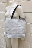 Large TOTE leather bag in light GRAY. Soft natural suede bag. Genuine leather shopper. Laptop or book bag in suede. Large crossbody bag.