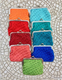 Crochet coin purse. TEAL BLUE - GREEN Kiss lock purse. Retro clip purse, hand crocheted with metallic frame in silver. Grandma retro  purses