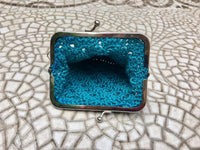 Crochet coin purse. TEAL BLUE - GREEN Kiss lock purse. Retro clip purse, hand crocheted with metallic frame in silver. Grandma retro  purses