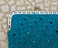 Crochet coin purse. TEAL BLUE - GREEN Kiss lock purse. Retro clip purse, hand crocheted with metallic frame in silver. Grandma retro  purses