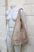 Beige slouch suede bag. Large tote bag in soft genuine leather. Beige leather shopper bag. Origami bag. Carry all bag for laptops, books etc