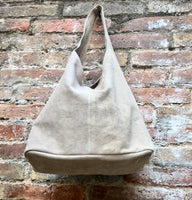 Beige slouch suede bag. Large tote bag in soft genuine leather. Beige leather shopper bag. Origami bag. Carry all bag for laptops, books etc