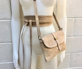 Suede leather bag in BEIGE . Crossbody bag in GENUINE leather. Light brown small leather bag with adjustable strap and zipper.