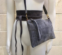 Suede leather bag in  DARK GRAY. Crossbody bag in GENUINE  leather.Gray small leather bag with obi suede belt Bag and belt set