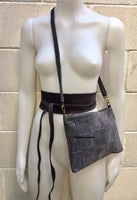 Suede leather bag in  DARK GRAY. Crossbody bag in GENUINE  leather.Gray small leather bag with obi suede belt Bag and belt set