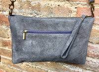 Suede leather bag in  DARK GRAY. Crossbody bag in GENUINE  leather.Gray small leather bag with obi suede belt Bag and belt set