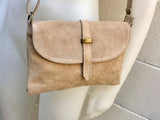 Suede leather bag in BEIGE . Crossbody bag in GENUINE leather. Light brown small leather bag with adjustable strap and zipper.