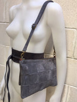 Suede leather bag in  DARK GRAY. Crossbody bag in GENUINE  leather.Gray small leather bag with obi suede belt Bag and belt set