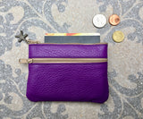 Small card / coin purse with zippers in genuine leather. Small wallet for credit cards, coins and notes. Soft natural leather. Retro wallet