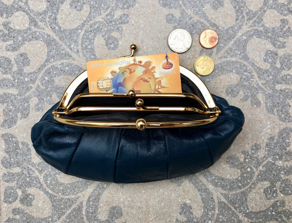 Leather Kiss Lock Coin Purse - Olive