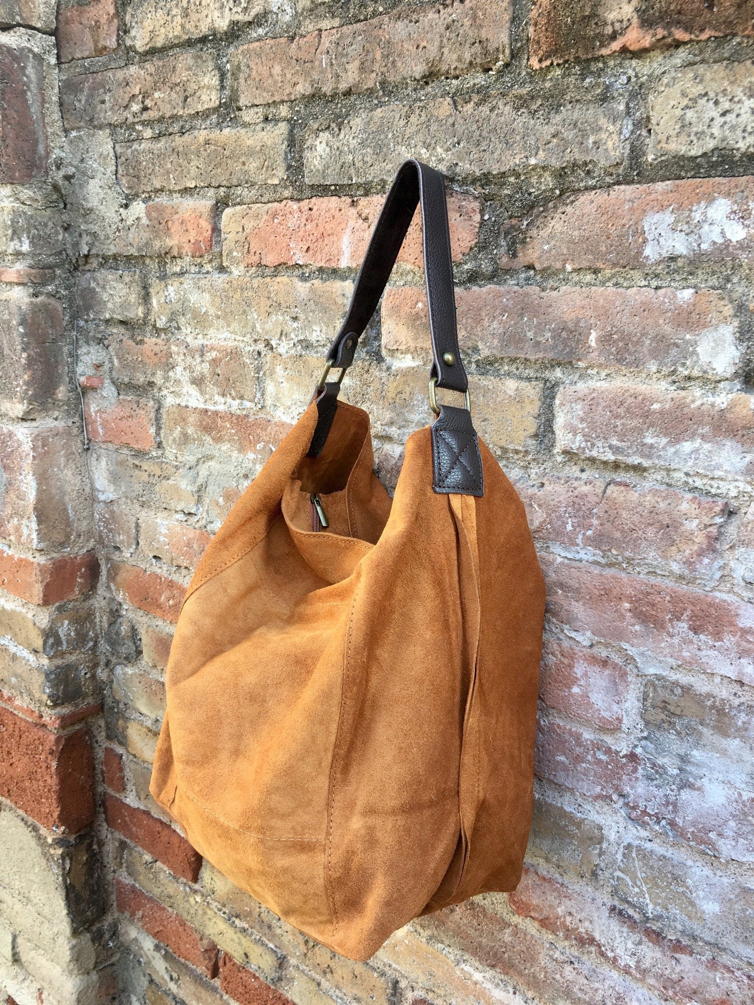 Slouch leather bag in light camel. Light saddle brown hobo bag. Boho bag.Book or tablet bags in suede. Mustard brown soft leather shopper