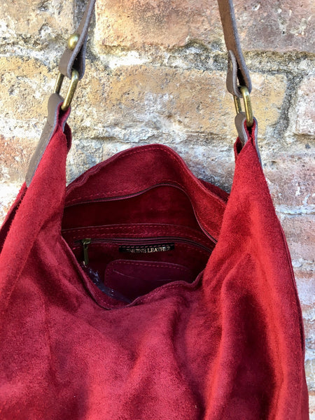 Slouch leather bag in BURGUNDY. Dark RED hobo bag. Boho bag.Book or tablet  bags in suede. Wine red soft leather shopper