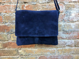 Cross body or shoulder bag. Navy BLUE suede leather bag. Genuine leather messenger bag. Tablet or book bag with zipper and adjustable strap