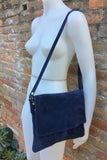 Cross body or shoulder bag. Navy BLUE suede leather bag. Genuine leather messenger bag. Tablet or book bag with zipper and adjustable strap