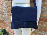 Cross body or shoulder bag. Navy BLUE suede leather bag. Genuine leather messenger bag. Tablet or book bag with zipper and adjustable strap