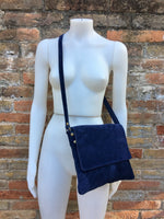 Cross body or shoulder bag. Navy BLUE suede leather bag. Genuine leather messenger bag. Tablet or book bag with zipper and adjustable strap