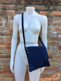 Cross body or shoulder bag. Navy BLUE suede leather bag. Genuine leather messenger bag. Tablet or book bag with zipper and adjustable strap