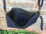 Suede leather bag in  DARK Blue Cross body bag, shoulder bag in GENUINE  leather. Small NAVY leather bag with adjustable strap and zipper.