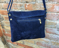 Cross body or shoulder bag. Navy BLUE suede leather bag. Genuine leather messenger bag. Tablet or book bag with zipper and adjustable strap