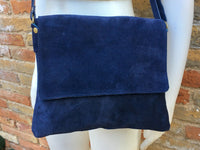 Cross body or shoulder bag. Navy BLUE suede leather bag. Genuine leather messenger bag. Tablet or book bag with zipper and adjustable strap