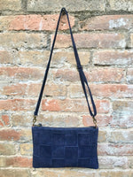 Suede leather bag in  DARK Blue Cross body bag, shoulder bag in GENUINE  leather. Small NAVY leather bag with adjustable strap and zipper.