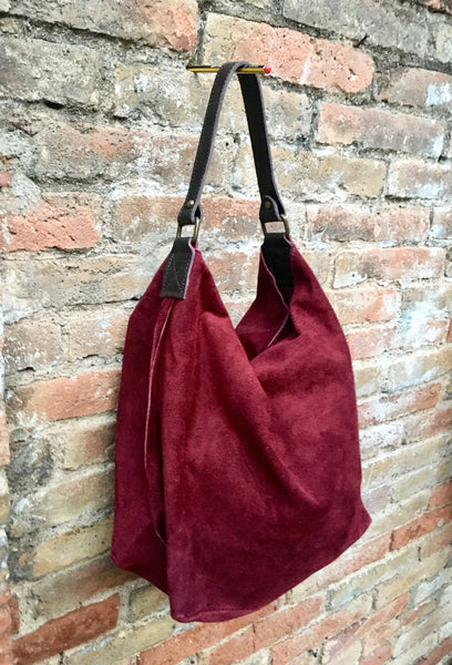 Slouch leather bag in BURGUNDY. Dark RED hobo bag. Boho bag.Book or tablet  bags in genuine suede. Wine red leather shopper with zipper