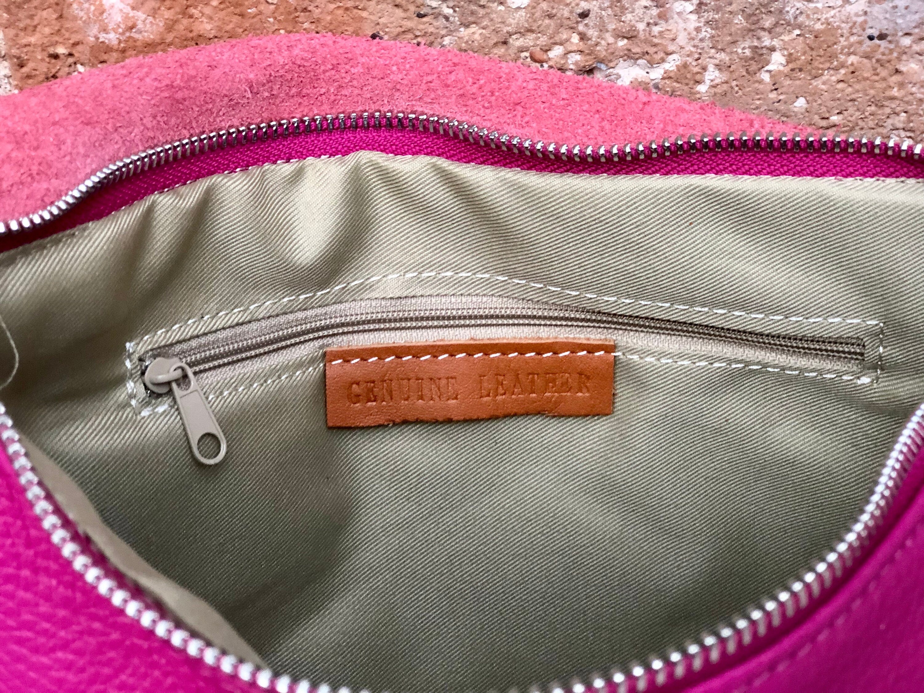 Crossbody leather bag in fuchsia PINK. Genuine soft leather. Hot pink crossover, messenger bag. Zipper + adjustable strap. Hot pink purse