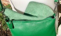 Small leather bag in bright green. Cross body or shoulder bag in GENUINE leather. Green leather bag with adjustable strap,  zipper and flap.