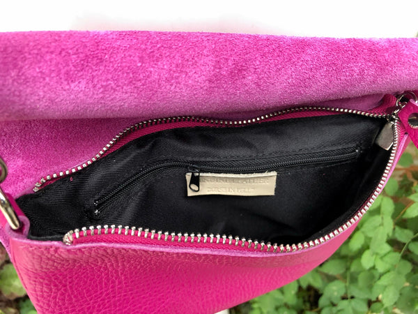 Small purse in hot PINK, genuine leather, 4 zippers. Fits credit cards –  Handmade suede bags by Good Times Barcelona