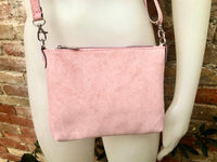 Suede leather bag in light pink. Cross body bag, shoulder bag in GENUINE leather. Small leather bag with adjustable strap and zipper.