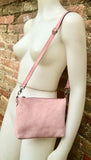 Suede leather bag in light pink. Cross body bag, shoulder bag in GENUINE leather. Small leather bag with adjustable strap and zipper.