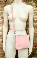 Suede leather bag in light pink. Cross body bag, shoulder bag in GENUINE leather. Small leather bag with adjustable strap and zipper.