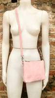 Suede leather bag in light pink. Cross body bag, shoulder bag in GENUINE leather. Small leather bag with adjustable strap and zipper.