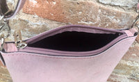 Suede leather bag in light pink. Cross body bag, shoulder bag in GENUINE leather. Small leather bag with adjustable strap and zipper.