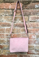 Suede leather bag in light pink. Cross body bag, shoulder bag in GENUINE leather. Small leather bag with adjustable strap and zipper.