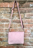 Suede leather bag in light pink. Cross body bag, shoulder bag in GENUINE leather. Small leather bag with adjustable strap and zipper.