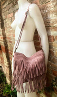 Cross body bag. BOHO suede leather bag in light PINK with FRINGES. Larger style. Genuine suede messenger bag Pink hippy bag in leatheri