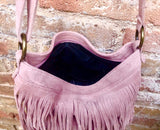 Cross body bag. BOHO suede leather bag in light PINK with FRINGES. Larger style. Genuine suede messenger bag Pink hippy bag in leatheri