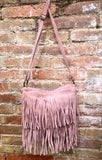 Cross body bag. BOHO suede leather bag in light PINK with FRINGES. Larger style. Genuine suede messenger bag Pink hippy bag in leatheri