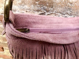 Cross body bag. BOHO suede leather bag in light PINK with FRINGES. Larger style. Genuine suede messenger bag Pink hippy bag in leatheri