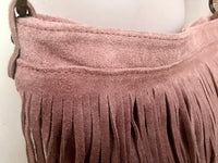 Cross body bag. BOHO suede leather bag in light PINK with FRINGES. Larger style. Genuine suede messenger bag Pink hippy bag in leatheri