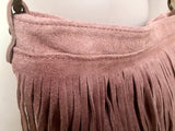 Cross body bag. BOHO suede leather bag in light PINK with FRINGES. Larger style. Genuine suede messenger bag Pink hippy bag in leatheri