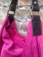 FUCHSIA Slouch leather bag, wide strap. Hot pink hobo bag. Soft genuine suede leather shopper w/accents in brown leather. Book, tablet bag.